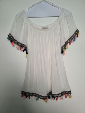 White Boho Off-Shoulder Tassel Trim Top